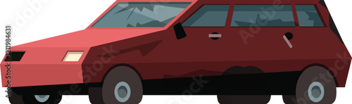 Side view of an old, damaged red car showing signs of wear and tear, including dents and broken glass