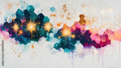 Vibrant Abstract Art with Colorful Hexagons and Radiant Sparkles
