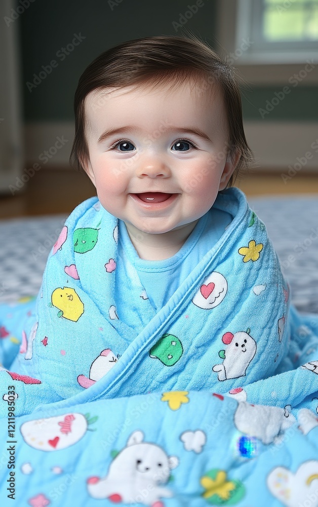 A joyful baby with dark hair and big eyes sits wrapped in a vibrant, patterned blanket. The child smiles widely, creating a heartwarming atmosphere in a bright room A joyful baby with dark hair and big eyes sits wrapped in a vibrant, patterned blanket. The child smiles widely, creating a heartwarming atmosphere in a bright room