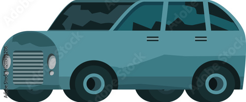 Futuristic car with broken windows and damaged bodywork, suggesting abandonment and decay, viewed from the side