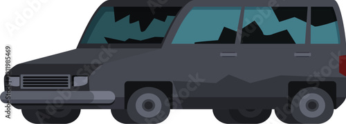 Gray van showcasing broken windows and dents, symbolizing car accidents, neglect, and disrepair
