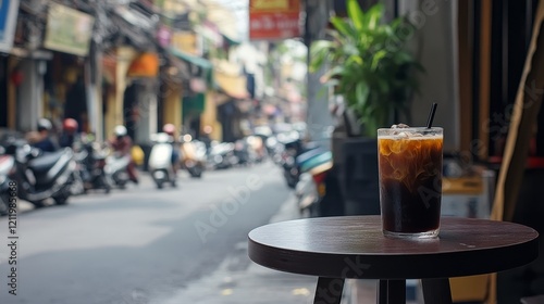 Fototapeta Naklejka Na Ścianę i Meble -  Vibrant Vietnamese Iced Coffee Scene in Urban Cafe