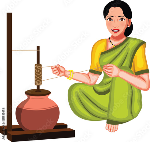 Indian Village Woman Making Ghee in Bilona Vector Illustration