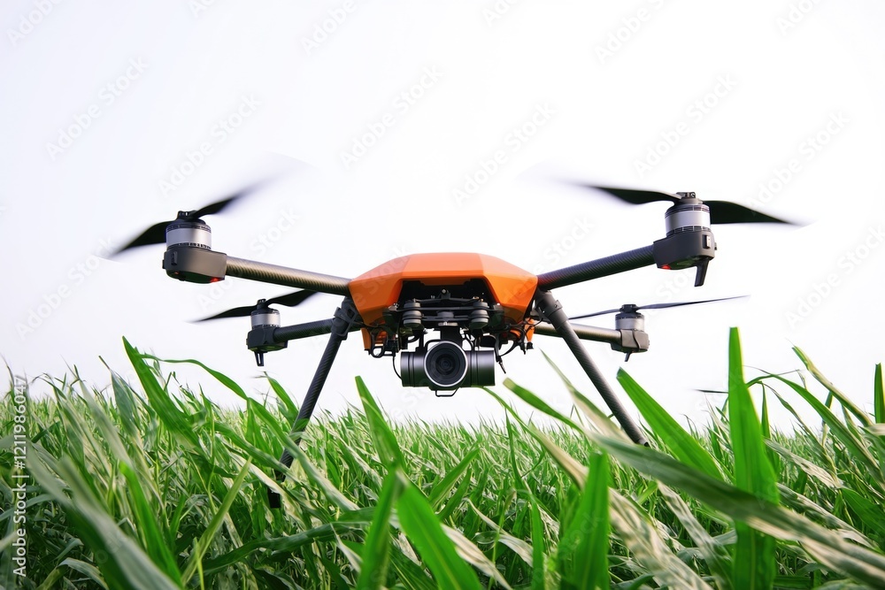 Aerial view of a drone soaring above a lush green meadow Aerial view of a drone soaring above a lush green meadow