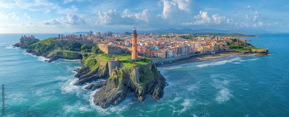 Fototapeta premium Panoramic View of Coastal Town with Lighthouse, Rocky Shoreline, and Vibrant Buildings Under Cloudy Sky in a Beautiful Daylight Setting