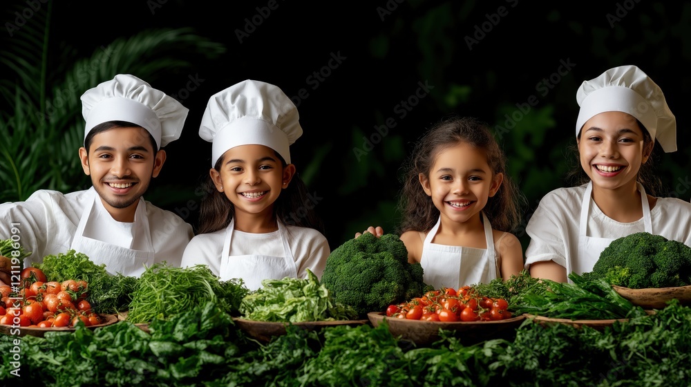 Smiling children in chef hats showcase an array of fresh vegetables, including broccoli and leafy greens, amid a colorful backdrop. Their enjoyment in cooking and healthy eating is evident Smiling children in chef hats showcase an array of fresh vegetables, including broccoli and leafy greens, amid a colorful backdrop. Their enjoyment in cooking and healthy eating is evident
