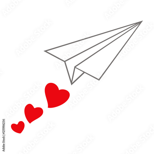 Avión de papel volando dejando un rastro de corazones  para tarjetas y felicitaciones de San Valentín