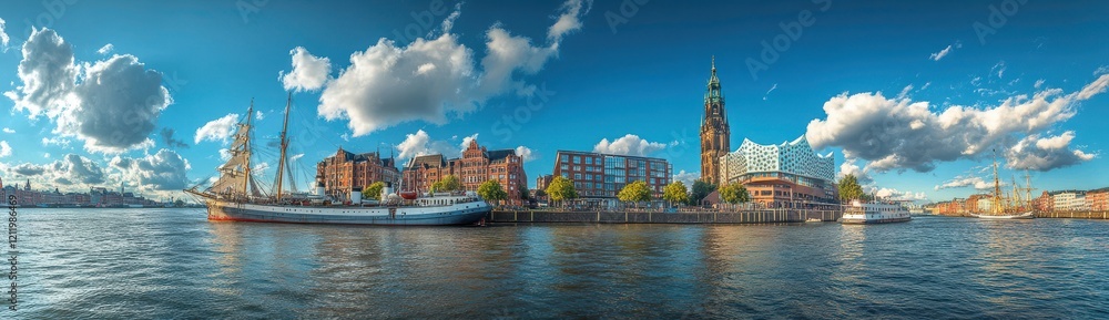 Naklejka premium Panoramic View of Historic Waterfront with Sailing Ship, Iconic Architecture, Bright Blue Sky, Fluffy Clouds, and Reflections on Calm Water in Urban Cityscape