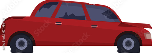 Red damaged car with flat tires and broken windows, illustrating neglect, abandonment, and the consequences of lack of maintenance