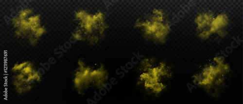 Golden, amber-toned smoke swirls with shimmering particles scattered throughout, glowing warmly against a black background. The ethereal golden clouds create an elegant and mystical visual effect.