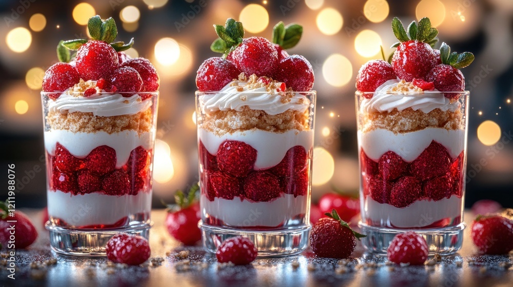 Festive Strawberry Dessert Parfaits, Bokeh Background Festive Strawberry Dessert Parfaits, Bokeh Background