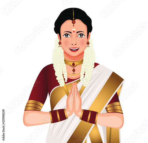 Indian Kerala Woman Greeting Namaste Vector Illustration