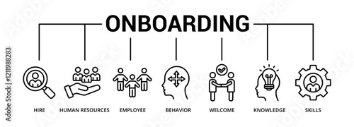 Print Onboarding banner icon with hire, human resources, employee, behavior, welcome, knowledge, skills