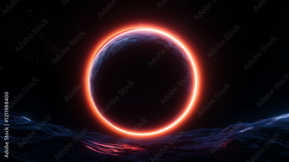 Fototapeta premium Stunning solar eclipse over alien landscape with glowing horizon, circle sphere copy space 