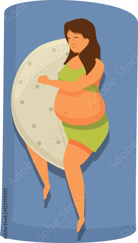 Cartoon overweight woman sleeping and hugging a giant clock, representing sleep deprivation, time management, and healthy lifestyle concept