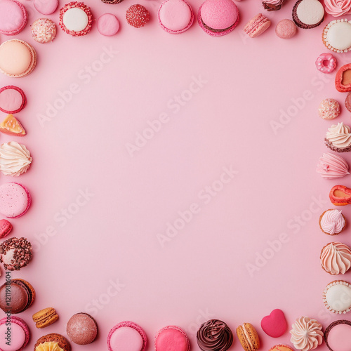 Colorful macarons and desserts arranged on pink background with blank center