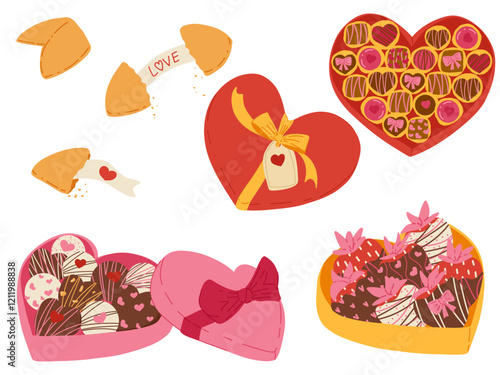 Valentine's Day stickers set. Chocolate box cute hand drawn illustration for Valentine's Day, birthday. Chocolate box with bon-bons, strawberries covered with chocolate, fortune cookies