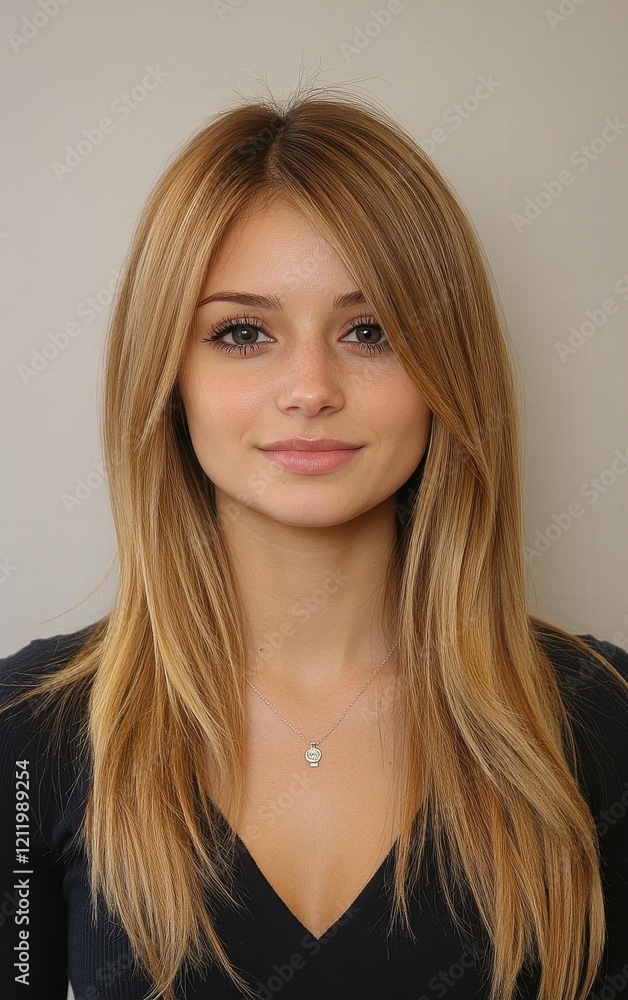 A young woman with straight, long blonde hair wears a fitted black top. Her expression is calm and inviting, set against a plain neutral backdrop A young woman with straight, long blonde hair wears a fitted black top. Her expression is calm and inviting, set against a plain neutral backdrop