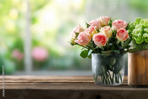 Bouquet of roses in vase on wooden background