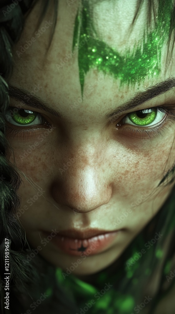 Intense close-up of a girl with striking green eyes and mystical markings Intense close-up of a girl with striking green eyes and mystical markings