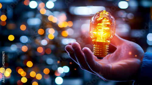 Man's hand holds a light bulb that is glowing