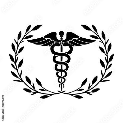 Logo con símbolo caduceo farmacia con silueta de culebras y bastón con corona de laurel