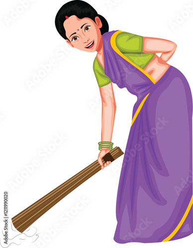 Indian Woman Sweeping Floor With Broom Vector Illustration