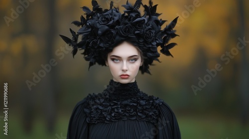 model displays an intricate black floral headdress against a blurred background of autumn trees. Her expression is captivating, set in a tranquil forest atmosphere filled with warm hues photo