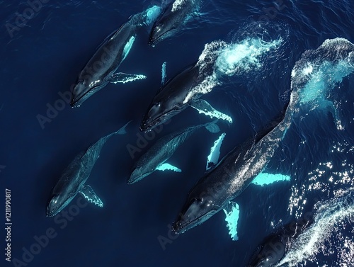 Humpback whales swimming, ocean surface, aerial view, wildlife conservation photo