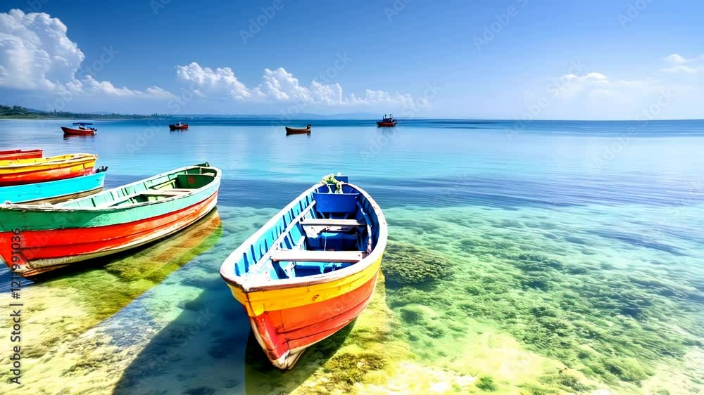 Colorful Fishing Boats in Tranquil Tropical Bay - Crystal Clear Water, Sunny Sky Colorful Fishing Boats in Tranquil Tropical Bay - Crystal Clear Water, Sunny Sky