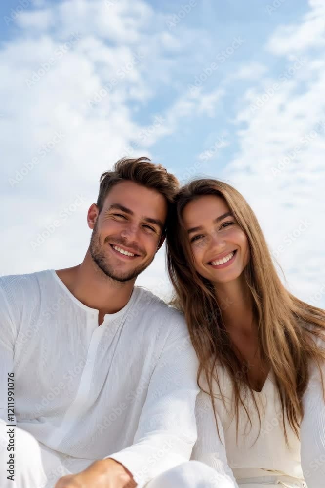 A man and woman are sitting on a beach, smiling for the camera. Scene is happy and relaxed, as the couple enjoys their time together in a beautiful setting A man and woman are sitting on a beach, smiling for the camera. Scene is happy and relaxed, as the couple enjoys their time together in a beautiful setting
