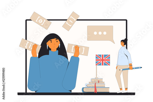 Learning english online and prepare for exam. Teacher with adult student training pronunciation of foreign language for test isolated on white background. Vector outline flat illustration.
