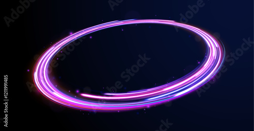 Creative vector illustration of flying cosmic meteor, planetoid, comet, fireball isolated on transparent background. Effect, png, wave,neon,line. Light arc in neon colors, in the form of a turn.