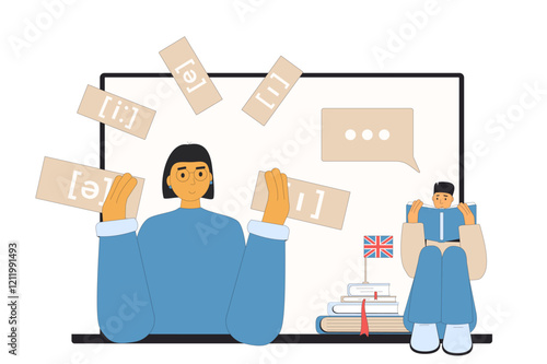 Learning english online. Teacher with teenage boy student training reading and pronunciation of foreign language isolated on white background. Vector outline flat illustration.