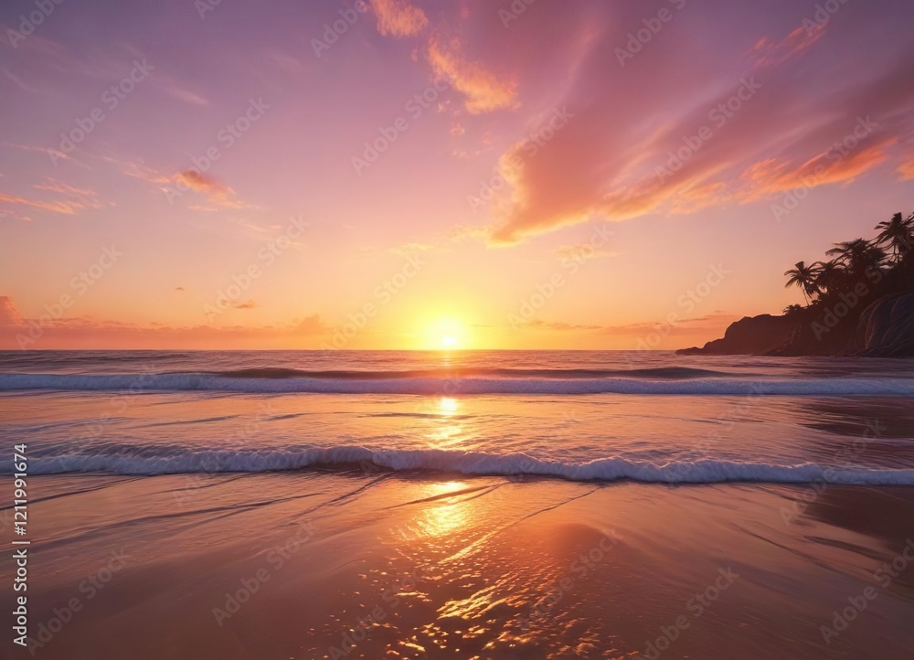 Obraz premium Colorful sunset casting warm hues across the beach, peaceful, sky, shoreline