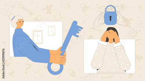 Cbt Online counseling session with psychiatric. Stressed character talking with psychologists. Key and lock mental health support metaphor. Vector concept outline flat illustration.