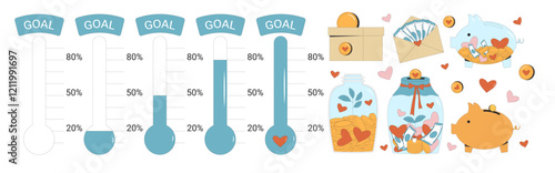 Fundraising thermometer. Financial goal scale set. Piggybank, envelope and tips jar and donation box. Money crowdfunding trackers Indicators of progress for donation event.