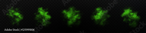 captivating swirl of vibrant green smoke adorned with shimmering starry particles and glowing glitter. The ethereal mist blends with hints of blue vapor stardust, all set against a deep black backd