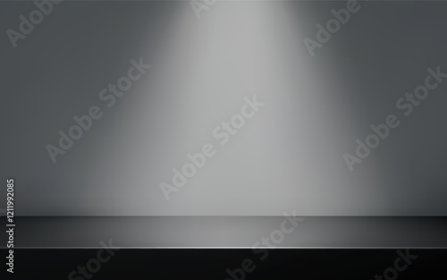 Grey wall with black metal table surface. Product presentation template.