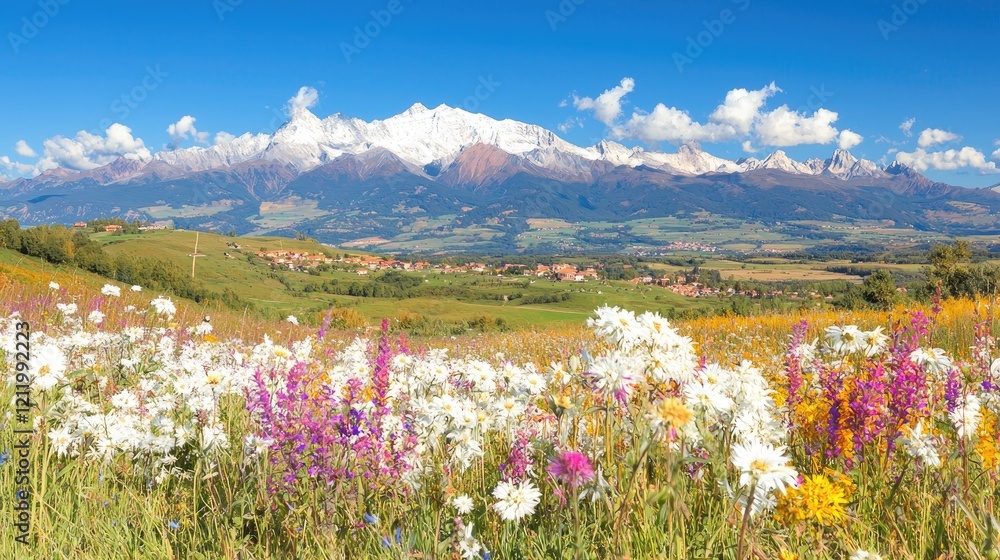 Fototapeta premium Alpine meadow wildflowers, village, mountain range, sunny day; nature tourism