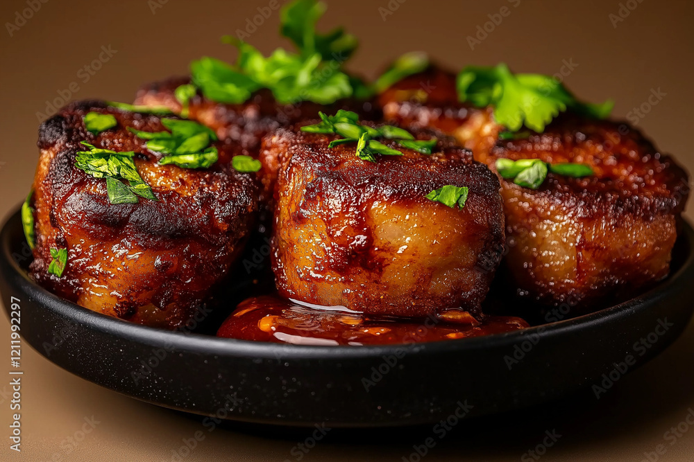Delicious fried falafel balls garnished with fresh herbs on black plate, served with rich sauce, creating appetizing and vibrant dish Delicious fried falafel balls garnished with fresh herbs on black plate, served with rich sauce, creating appetizing and vibrant dish