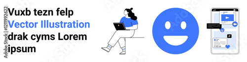 Woman sitting with laptop, large blue happy face, smartphone displaying app interface. Ideal for tech tutorials, software demos, UIUX design, online courses, social media, mobile apps, web design