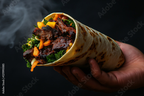 Delicious smoky and juicy meat wrapped in flatbread with fresh vegetables, creating mouthwatering dish. Perfect for food lovers seeking bold flavors photo