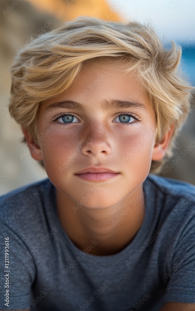 A young boy sits calmly with a thoughtful expression, showcasing his blonde hair and bright blue eyes. The warm sunlight highlights his features against a natural backdrop A young boy sits calmly with a thoughtful expression, showcasing his blonde hair and bright blue eyes. The warm sunlight highlights his features against a natural backdrop