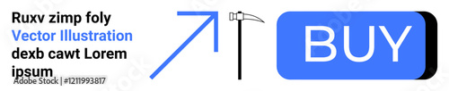 Blue BUY button, blue arrow pointing upward, black and white scythe above button, placeholder text. Ideal for e-commerce, call to action, promotions, online shops, sales pages, websites, marketing
