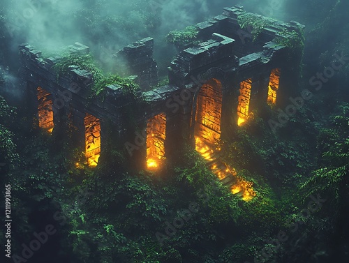 A surreal digital art of glowing ancient ruins buried in dense jungle captured from a high vantage point photo