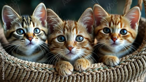 Three adorable kittens with bright eyes are snuggled together in a woven basket, enjoying the warm afternoon, International Cat Day concept