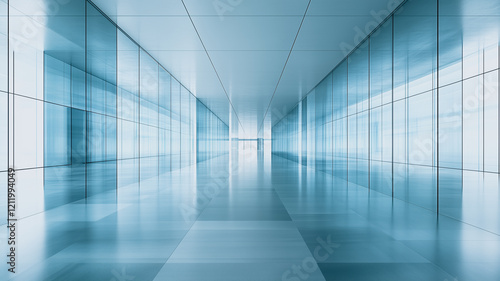 Wallpaper Mural Modern Office Corridor: A minimalist perspective of a modern office corridor, with gleaming glass walls and a sleek, minimalist design, creating an ethereal atmosphere.   Torontodigital.ca