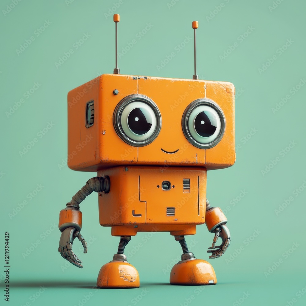 Friendly cartoon robot with large eyes and antennae on a green background Friendly cartoon robot with large eyes and antennae on a green background
