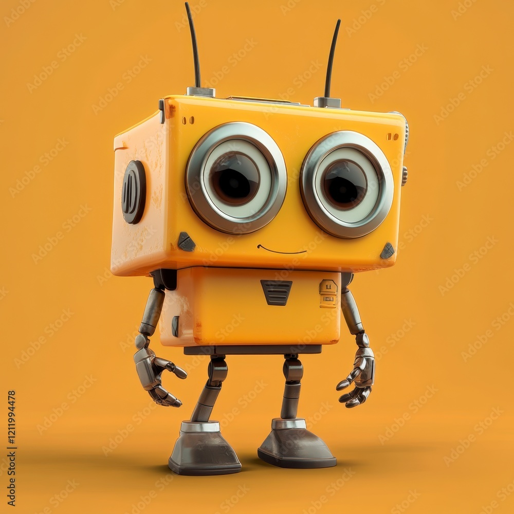 Cute Cartoon Robot Character with Big Eyes and Happy Expression Cute Cartoon Robot Character with Big Eyes and Happy Expression